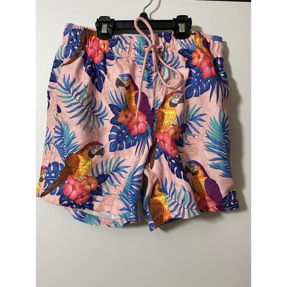 Ring of Fire Mens Shorts Swim Trunks Small Pink Tropical Parrot Print Novelty